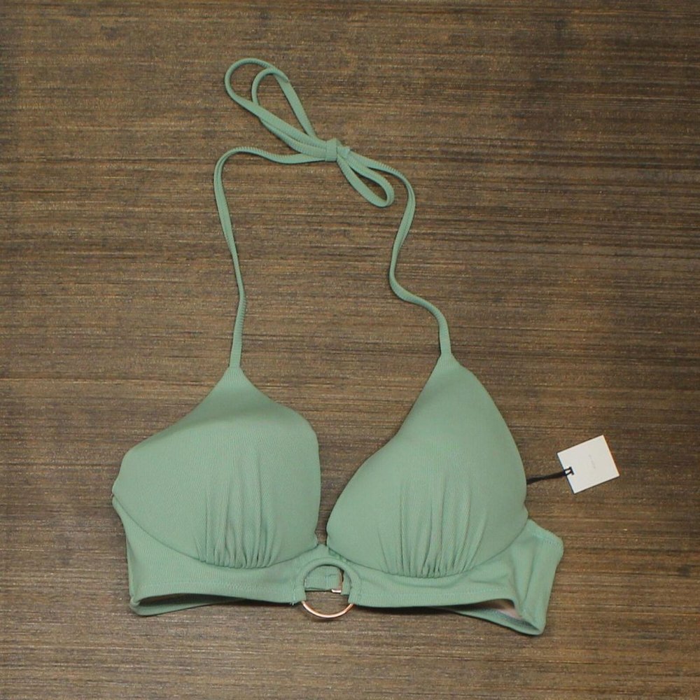 NWT Shade & Shore Long Line Ring Front Triangle Bikini Top 36B Sage Green - Picture 2 of 5